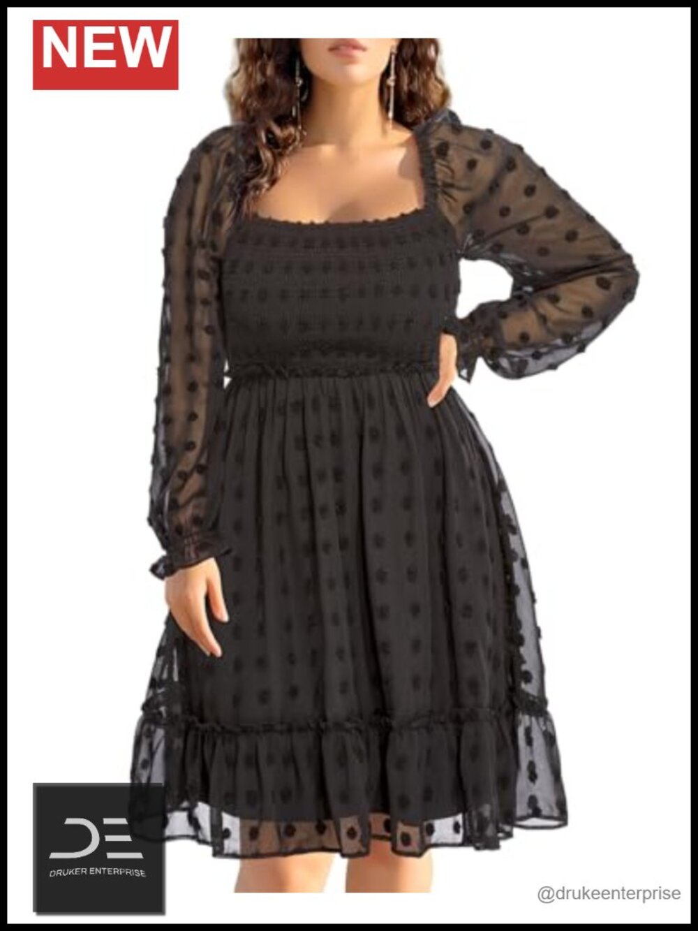 Plus Size Swiss Dot Chiffon Puff Sleeve Smocked Midi Graduation Dress